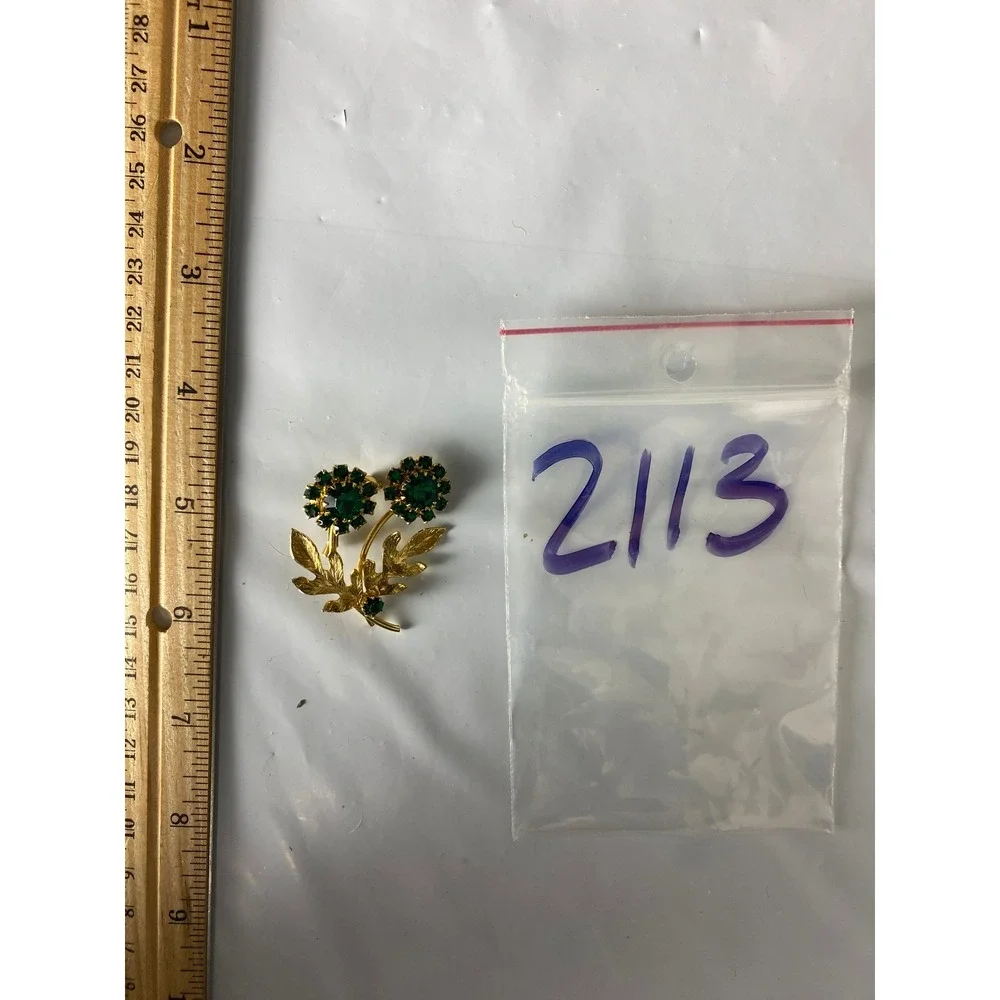 Vintage Gold Tone Green Rhinestone Double Flower Brooch Pin Floral Nature Design